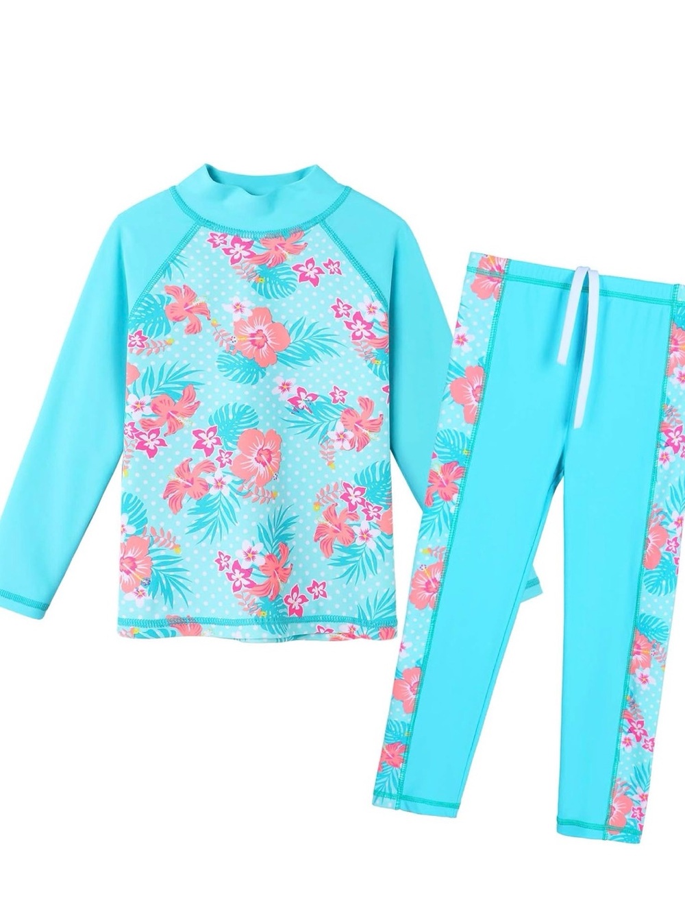 Kids Aqua Floral Rash Guard Set - Turquoise